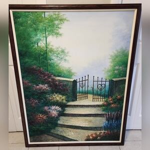 Framed Garden Gate Landscape Painting in Green